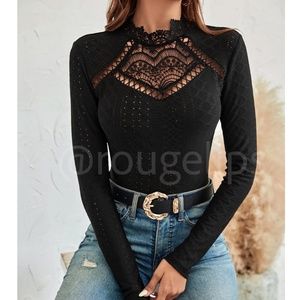 Black Lace Guipure Mock Neck Long Sleeve Tee Shirt